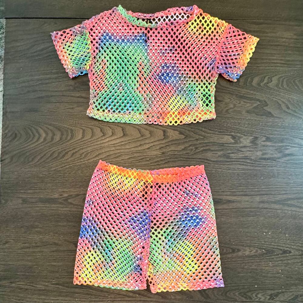 American Leisure S Multicolor Mesh Crop Top Shorts 2 Piece Set